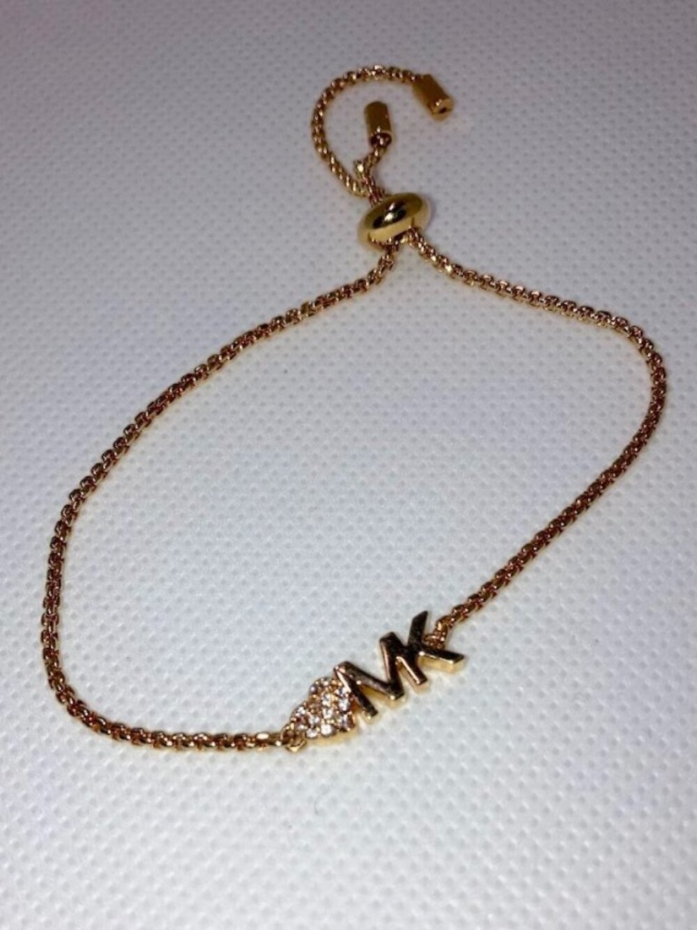 Michael Kors Gold Tone Pave Heart MK Logo Slider Bracelet Delicate Feminie Gift